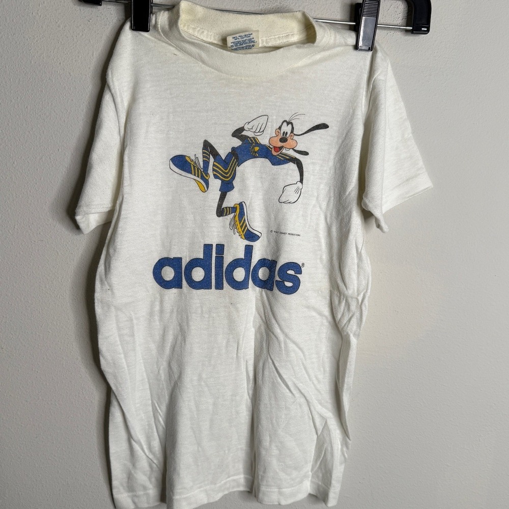 Vintage Adidas‎ Kids Medium White Goofy Disney Cartoon Graphic T Shirt Retro